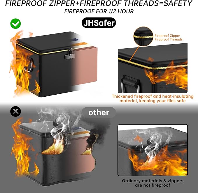 Fireproof Document Box with Fireproof Zipper,Hard Case Fireproof File Box with Lock,Insulated Non-Foldable Fireproof File Cab