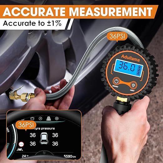Digital Tire Pressure Gauge with Inflator, 250 PSI Heavy Duty Air Chuck Air Compressor Attachments, Improved Leaks Protection & Stainless Braided Hose Tire Gauge with a Portable Carrying Box