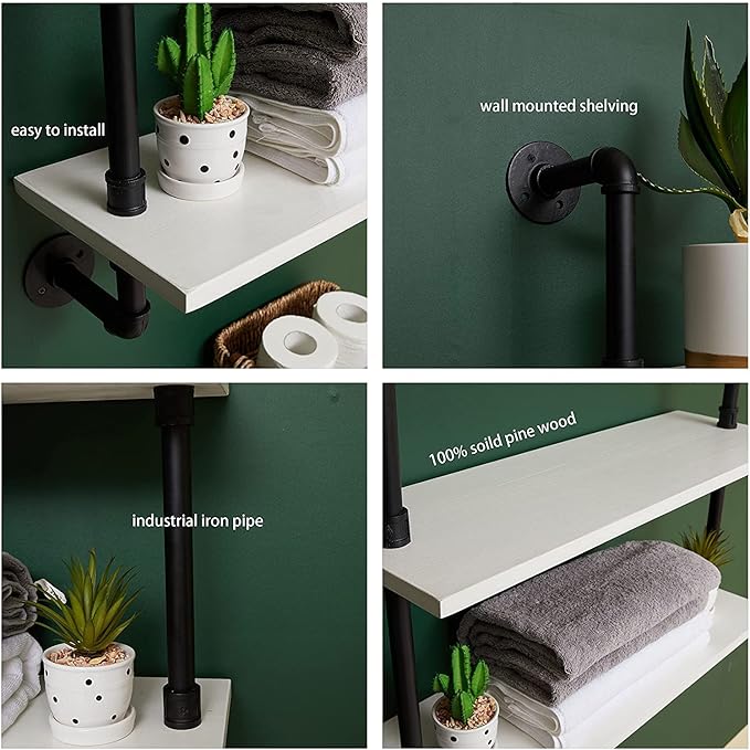 White Floating Shelves 24 inch Pipe Wall Shelves Bathroom Shelves Over Toilet with Wood Planks Industrial Pipe Floating Shelv
