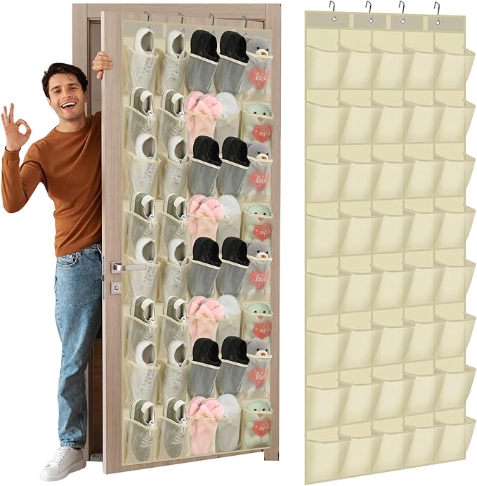 Windyun 40 Over the Door Shoe Organizer Large Breathable Mesh Pockets Hanging Shoe Rack for Closet Beige Behind Door Hanger S