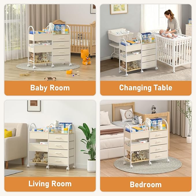 Baby Organizer and Storage Cart, 4-Tier Rolling Utility Cart with Wheels, Dividers and Drawers, Easy to Assemble for Nursery,