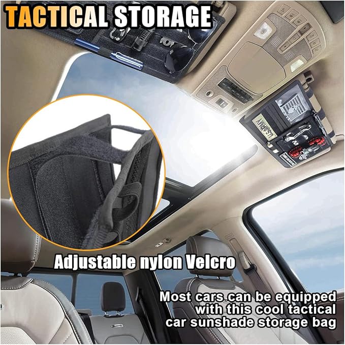 Tactical Molle Car Sun Visor Organizer, Large Molle Visor Panel Storage Pouch Holder, Tactical Gear Truck Storage Shelf, 600D Car Sunshade Storage Bag for Large Vehicle (Black)