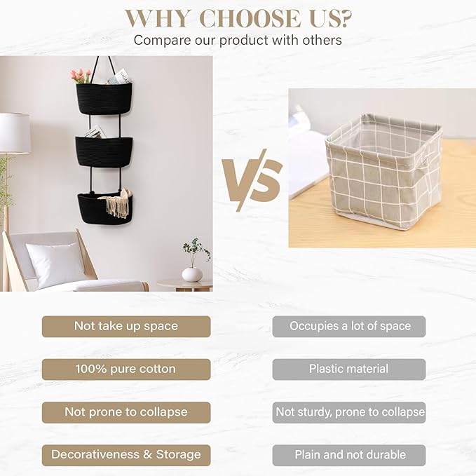TeoKJ Over the Door Hanging Basket, 3-Tier Woven Cotton Wall-Mounted Storage Organizer Bag Decorative Hanging Nursery Baskets