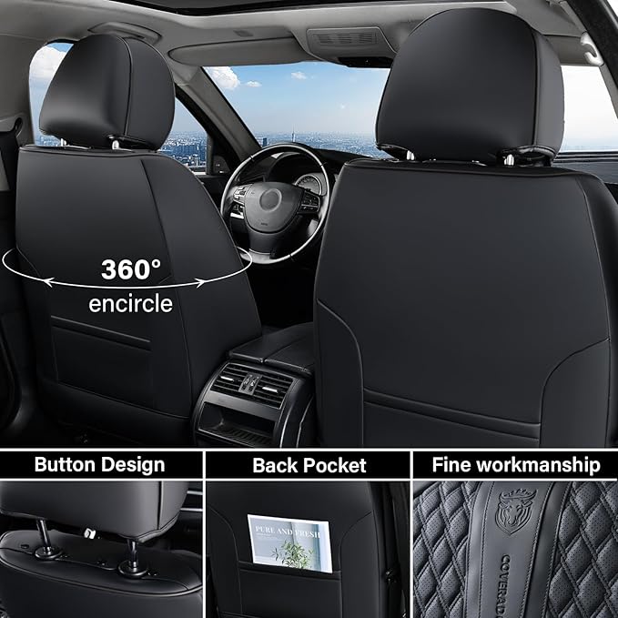 Coverado Leather Seat Covers for Car, Waterproof Front Car Seat Covers with Lumbar Support Universal Fit for Most Sedans SUV 