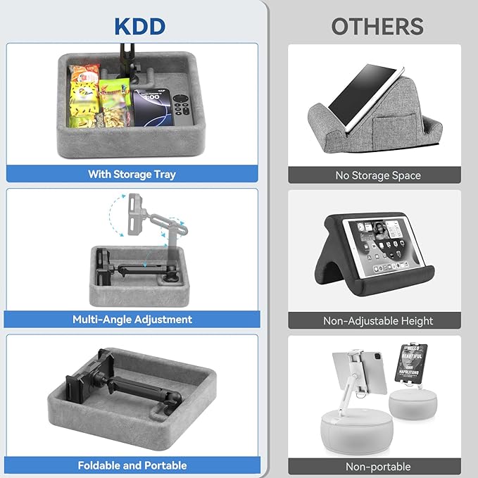 KDD Tablet Pillow Holder - Multi-Angle Adjustable iPad Stand for Lap, Bed and Desk - Foldable Kindle Soft Pad Dock with Storage Tray Compatible with iPad Pro 12.9, Air Mini, Phone, E-Reader