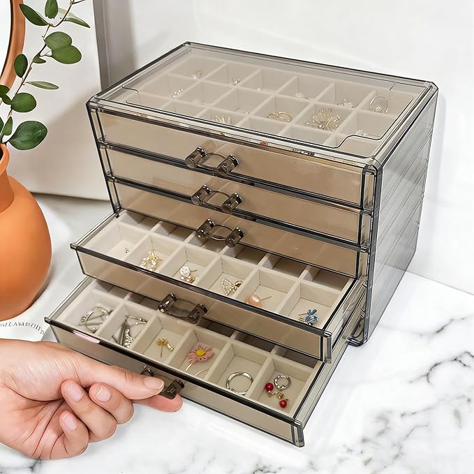 Acrylic Earring Holder Organizer with 5 Drawers Clear Earring Organizer Box with 90 Adjustable Grids Velvet Earring Display C