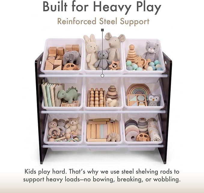 Humble Crew 9-Bin Toy Organizer – Journey Natural Espresso with White Plastic Bins, 3-Tier Storage Solution for Kids' Playroo