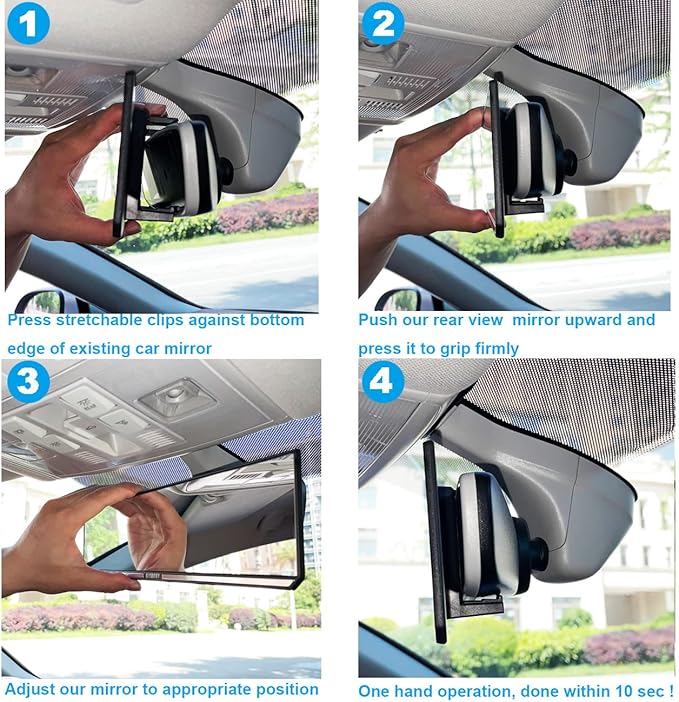 Kitbest Rear View Mirror,11.8 Inch Panoramic Rearview Mirror Clip On Car Mirror – Universal Wide Angle Car Mirror – Flat– For Cars, SUV, Trucks (Bonus 2 PCS Blind Spot Mirrors – Square)