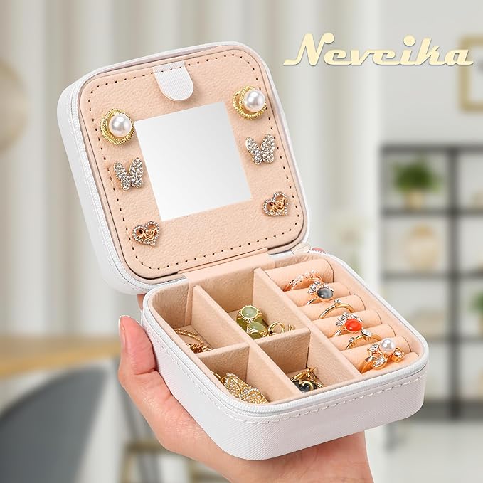 Neveika Jewelry Box with Mirror,Small Jewelry Organizer Box，Travel Jewelry Case for Women，Gift Jewelry Boxes for Female Girls