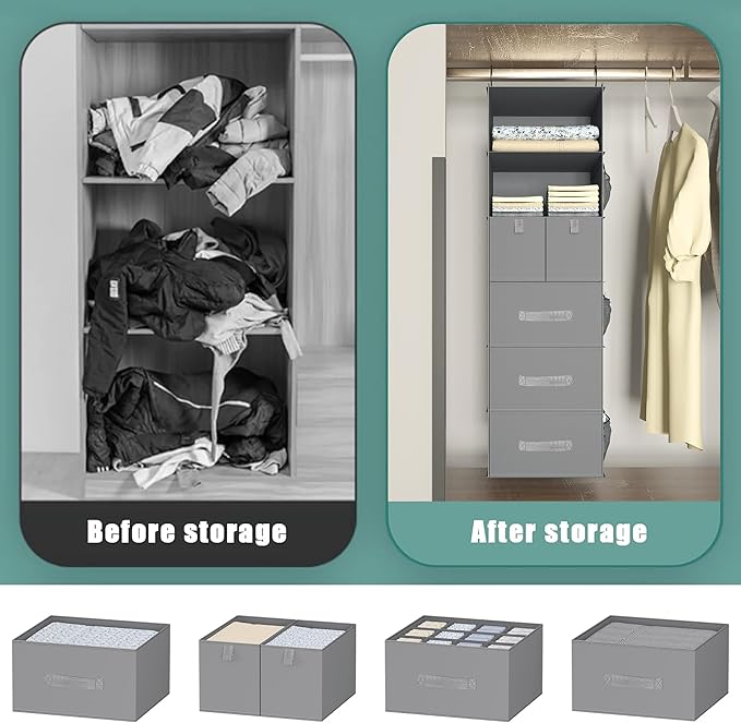 6-Shelves Hanging Closet Organizer with 5 Different Drawers, Foldable Closet Organizers and Storage for Wardrobe, Closet& RV,