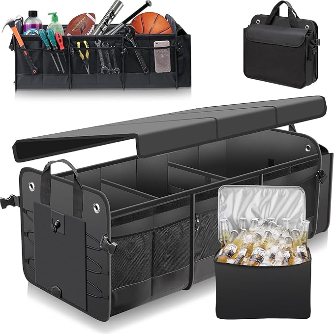 Car Trunk Organizer with Lid & Removable Leakproof Cooler Bag,Foldable Cover,Large Trunk Organizers,Multi-Compartment Collap