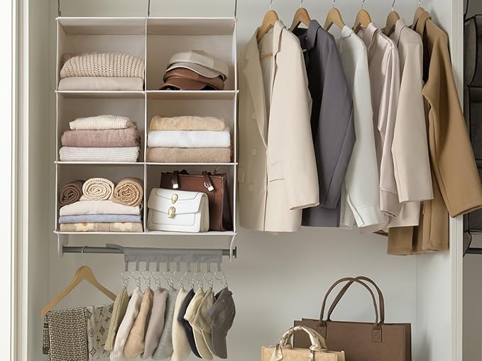 StorageWorks Hanging Closet Organizer with Metal Rod, 6-Section Closet Organizers and Storage, Collapsible Hanging Shelves fo