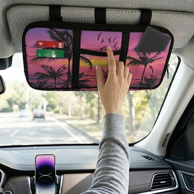 Car Sun Visor Organizer Palm Trees Sun Visor Organizer with Multi-Pocket Card Holder Car Interior Accessories Fashion Universal Fit for Most Cars SUV