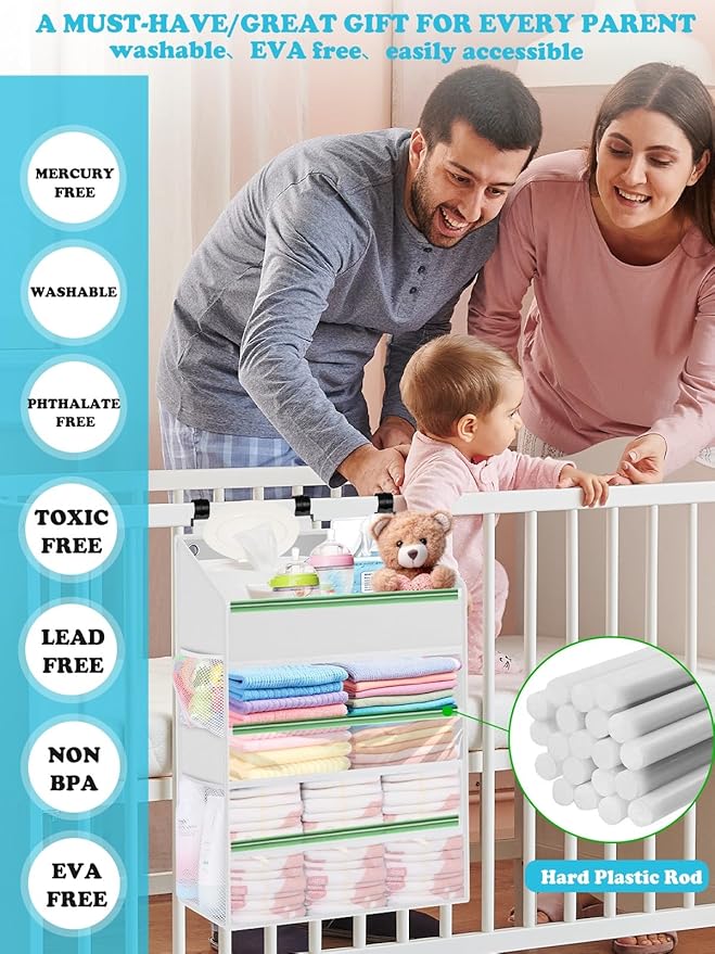 Hanging Diaper Caddy Organizer Crib Organizer–Spacious Baby Girl/Boy Nursery Organizer for Changing Table, Playpen/Wall- Hold