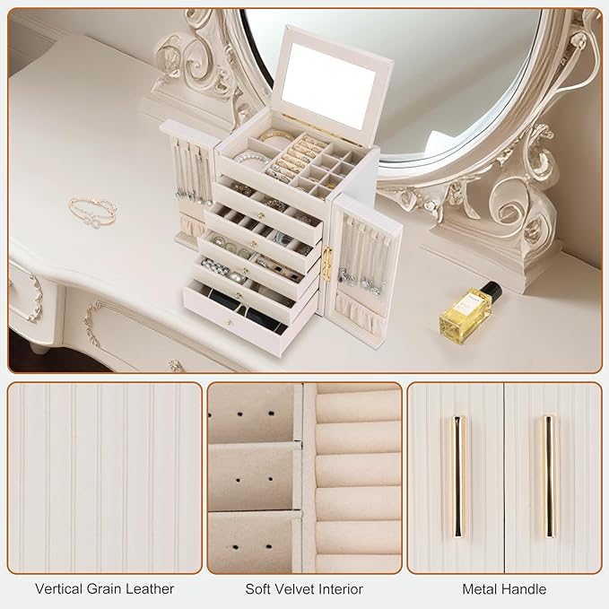 Dajasan Large Jewelry Organizer Box, Jewelry Boxes for Women Girls, 6-Tier Jewelry Storage Organizer with Mirror for Necklace