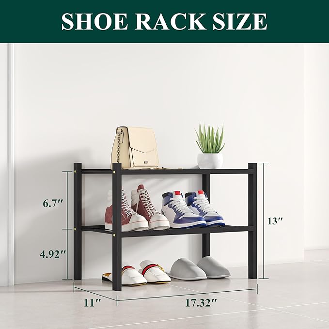 Smiry Shoe Rack, 2 Tier Small Bamboo Shoe Organizer, Stackable Free Standing Wooden Shoe Storage Shelf for Closet, Entryway, 