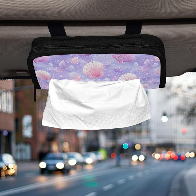 Car Tissue Holder Car Visor Organizer Tissue Box Holder for Car Sun Visor Organizer with Car Vehicle Accessories Essentials Interior for Women Men Purple Mermaid Seashell Starfish