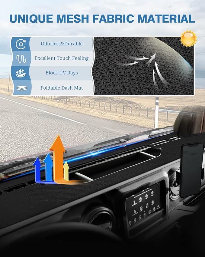FIILINES Dash Cover for 2020-2024 Jeep Gladiator JT, Dashboard Mat Accessories Dash Cover Sunshade Nonslip Mesh Protector No 