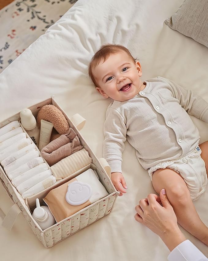 Blissful Diary Woodland Diaper Caddy Organizer, Stylish Nursery Storage Basket, Gift for Baby Shower, Newborn Essentials, Woo