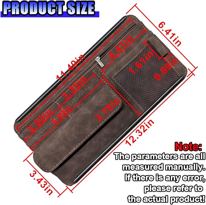 Car Sun Visor Organizer, Leather Multi-Pocket Glasses Card Holder with Zipper, Waterproof Scratch-Resistant Sunshade Storage Bag, Universal Auto Interior Accessory for Car/Truck/SUV (Brown)