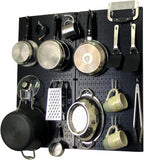 Wall Control Kitchen Pegboard Organizer Pots and Pans Storage Rack Organization Kit with Black Pegboard and White Accessories