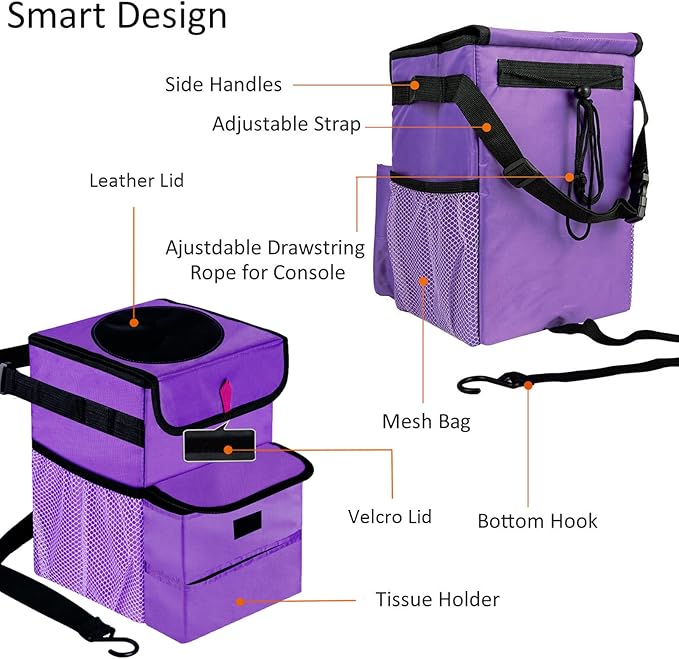 Car Trash Can Foldable Garbage Bin Leakproof 3 Gallons Purple