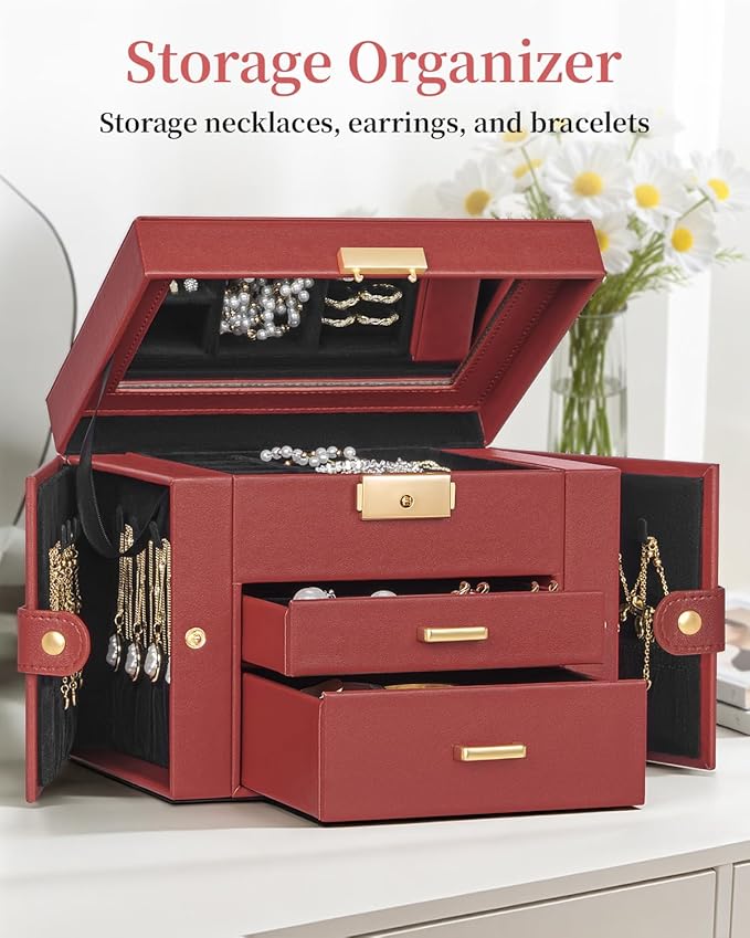 TORIBIO Jewelry Box for Women, Leather Jewelry Organizer with Mirror & Lock, 3-Tier Jewelry Storage Organizer with 2 Drawers 