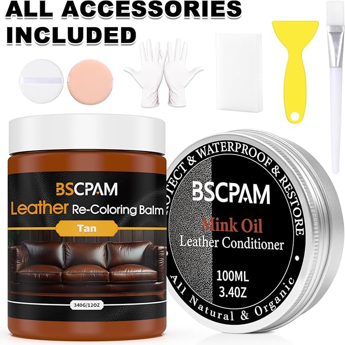 12oz Leather Recoloring Balm & 3.4oz Mink Oil Leather Conditioner kit,Tan Leather Color Repair Kits for Couches, Leather Couc