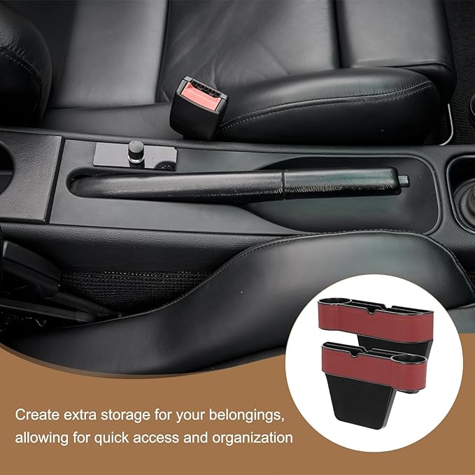 HARFINGTON Car Seat Gap Filler Organizer 10.6 x 7.1 x 2.8 Inch ABS+Leather Universal Car Organizer Storage Box Between Seat and Console (Right) with Cup Holders for Phone Keys, Wine Red