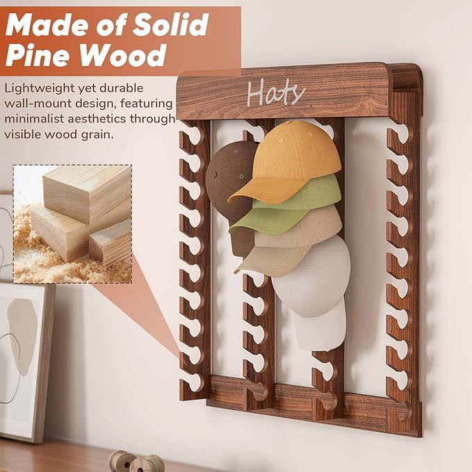 Wall-Mounted Cowboy Hat Rack- Rustic Burnt Pine Hat Organizer with 40-Slot Display, Farmhouse Hat Holder for Men & Women, Hat