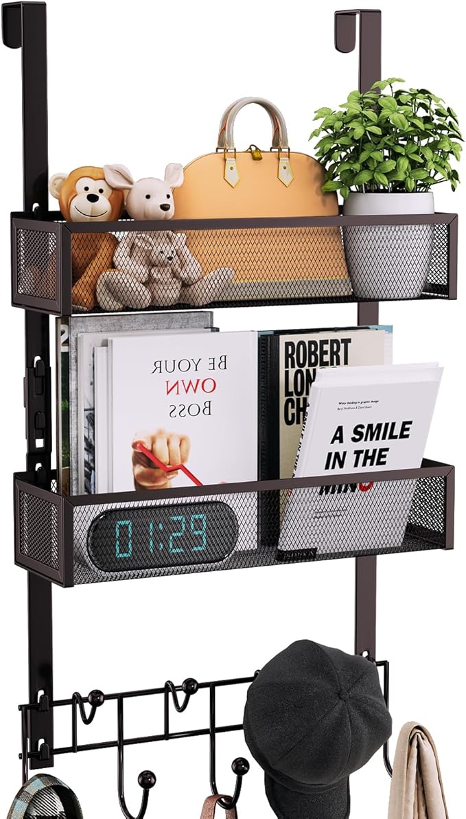 Consumest Over The Door Hooks Organizer - Extra Long Door Hanger with 9 Coat Hooks & 2 Mesh Basket, Back Storage Organizer Ha