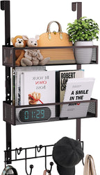 Consumest Over The Door Hooks Organizer - Extra Long Door Hanger with 9 Coat Hooks & 2 Mesh Basket, Back Storage Organizer Ha
