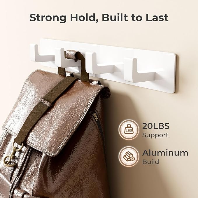 GWAAZXGZ White Wall Mounted Coat Rack - 2 Modular Rails (25'' Total), 8 Right-Angle Hooks, Modern Organizer for Entryway, Bat