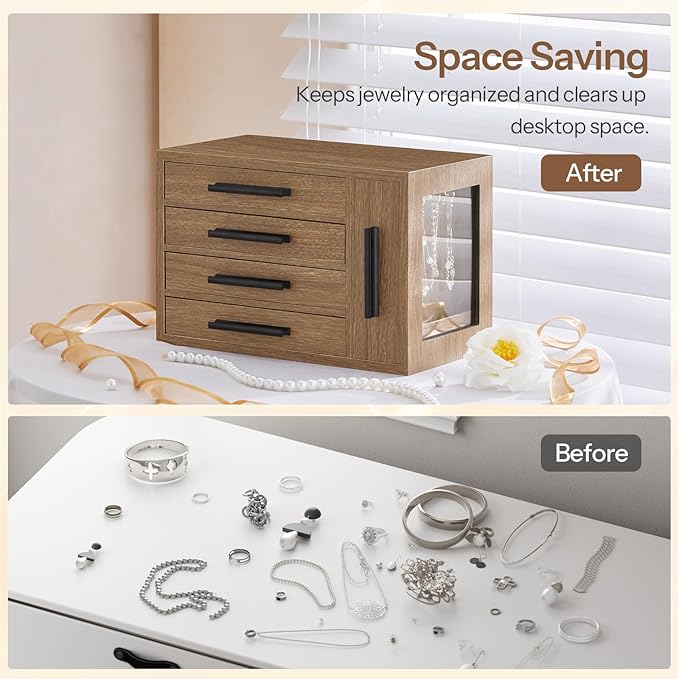 HOOBRO Jewelry Box for Women, Wooden Jewelry Organizer with Transparent Window, 4-Layer Jewelry Organizer Box, Jewelry Holder