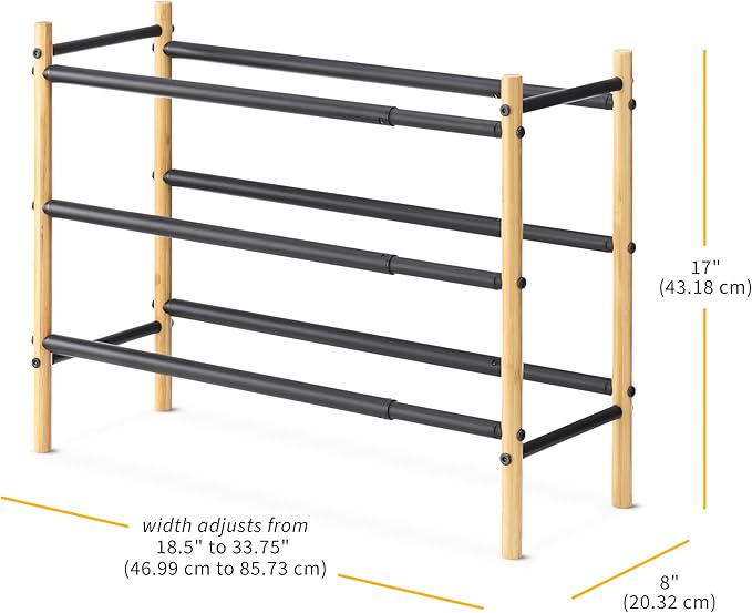 Whitmor 3-Tier Expandable Shoe Rack - Store up to 12 pairs of shoes - Bamboo & Matte Black