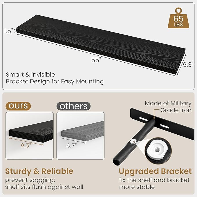 Fun Memories 55 Inch Floating Shelves in Black, 9.3 Inch Deep Floating Shelf for Bathroom Living Room Kitchen, Rusitc Wall Mo