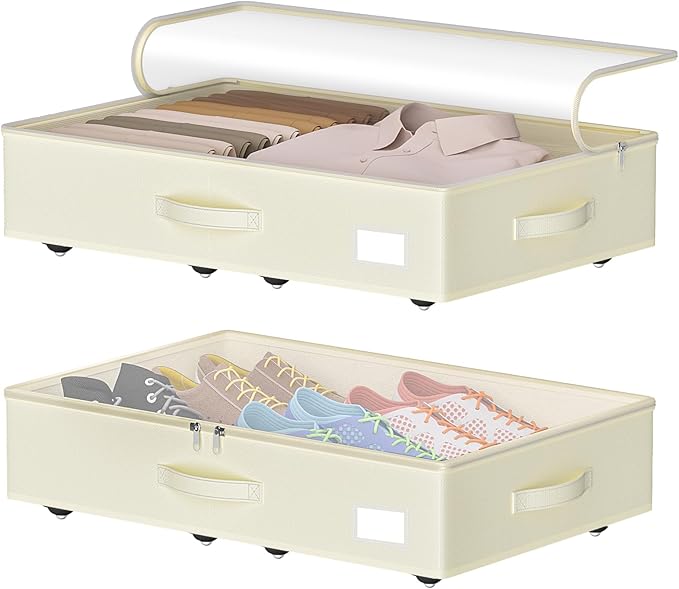 Under Bed Storage with Wheels, No Assemble Required 5.5 inches height beige under bed storage bins,Low Profile Rolling Underb
