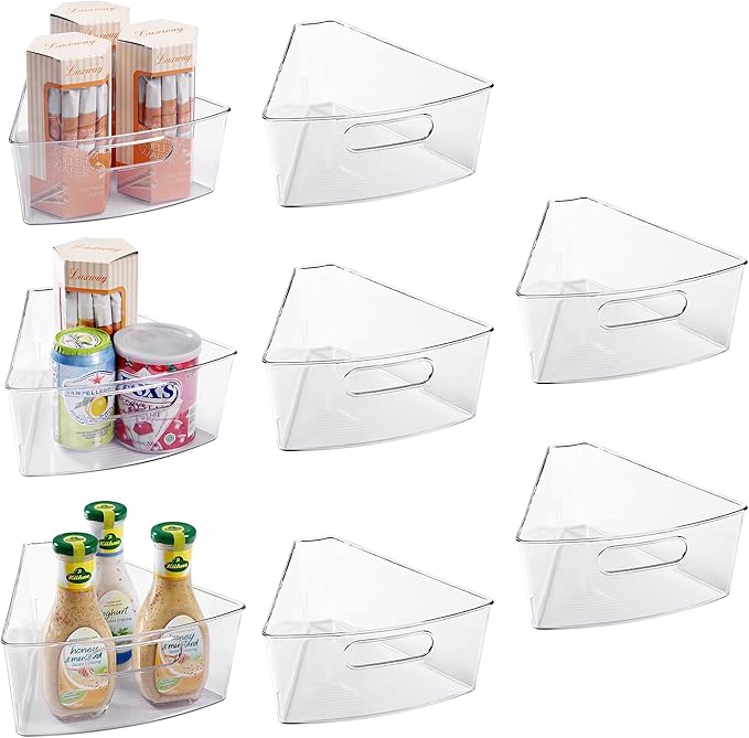 Oubonun Lazy Susan Organizers Set of 8, 10.2”x 9.4”x 4” Plastic Transparent Kitchen Cabinet Storage Bins with Handle, 4" Deep