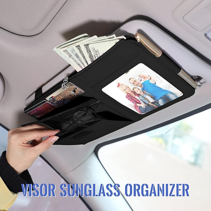 Car Sun Visor Organizer, Visor Organizer Storage Pouch with Picture Frame and Sunglasses Holder, Practical Car Accessory for Organizing Essentials - Black