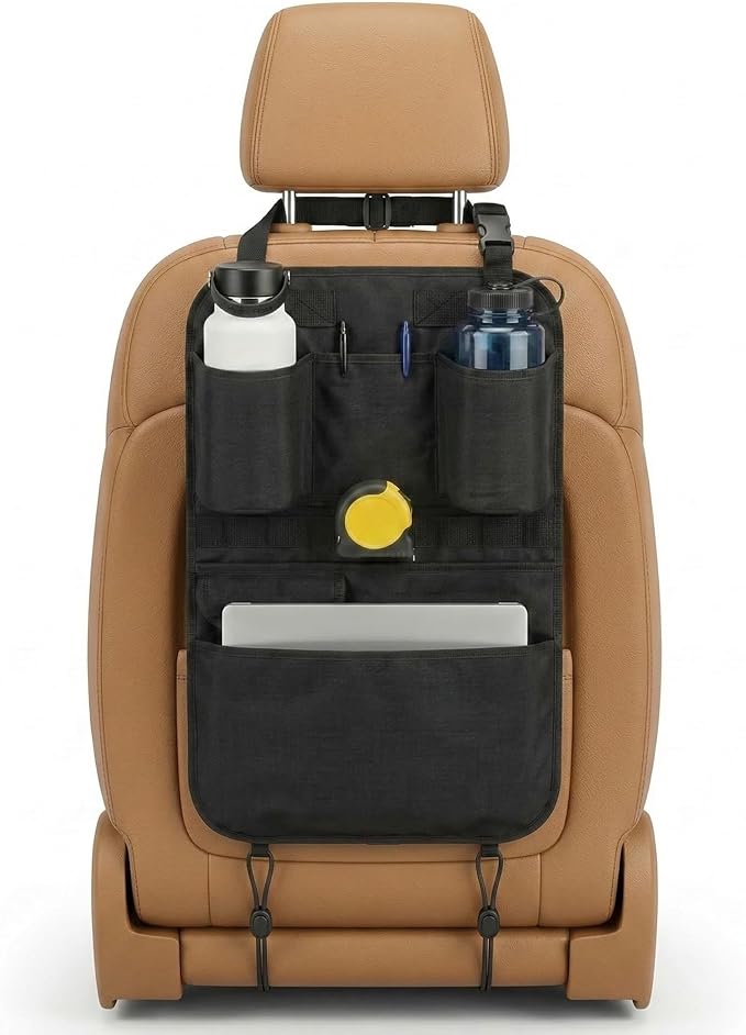 Premium Seat Back Organizer & Kick Mat Protector with Large Water Bottle Holders - Cordura Nylon Auto Storage - Laptop Pocket & Sag-Free Adjustable Fit