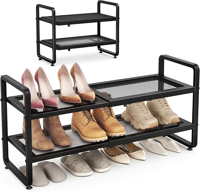 SAYZH Expandable Shoe Rack for Closet, Adjustable Metal Shoe Organizer with Sturdy Mesh Shelves for Boots & Heels, Stackable 