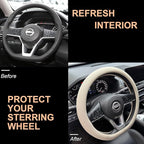 PINCTROT D Shaped Nappa Leather Steering Wheel Cover, Slim Fit No Bulk Design, One Piece Leather with Breathable Perforation,