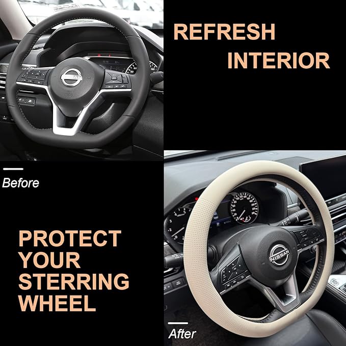 PINCTROT D Shaped Nappa Leather Steering Wheel Cover, Slim Fit No Bulk Design, One Piece Leather with Breathable Perforation,