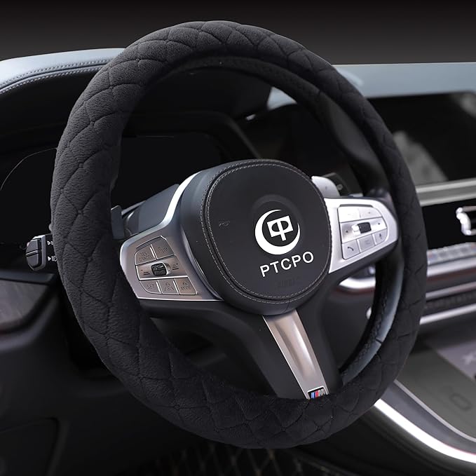 Soft Car Steering Wheel Cover for Sedan, SUV, Warm Luxury Velvet, Odorless, Universal, Anti Slip, Summer Winter, Black, Large