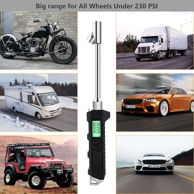 Digital Tire Pressure Gauge 230 PSI Auto Shut Off LCD Backlight Digital Display RV Heavy Duty Dual Head Rotatable Pressure Measuring Valve with LED Flashlight for RV Car Truck Motorcycle
