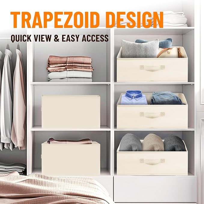 Criusia Closet Organizers Bins 6 Pack - Large Closet Shelf Organizer with Handles - Fabric Trapezoid Home Organization and St