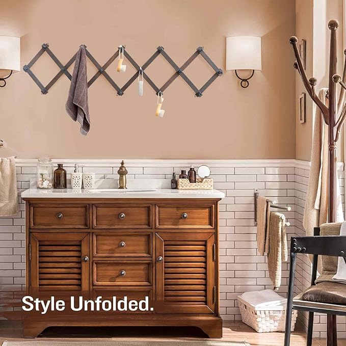 SCUNDA Rustic Wall Mounted Hat Rack with Space Saving Accordion Design, Expandable Hat Holder with 16 Wood Hooks, Modern Farm