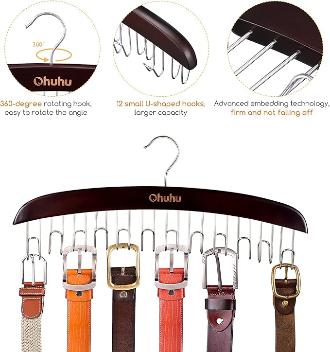 Belt Hanger Organizer for Closet: Ohuhu 12 Hooks Max 36 Belts Tie Rack Wooden Belt Holder for Storage 360 Degree Rotating Spa