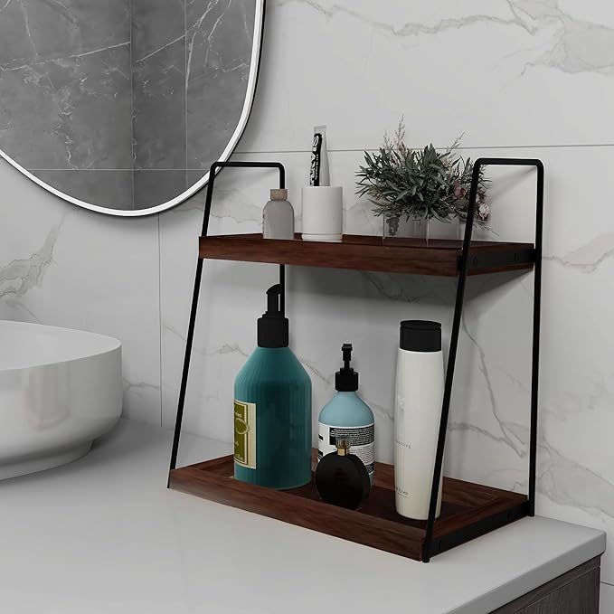 Dorhors 2 Tier Bathroom Counter Organizer Storage,Vanity Organizer for Bathroom Counter,Wood Standing Rack for Kitchen(Walnut