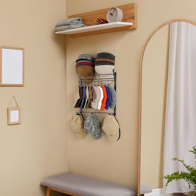 Hat Rack for 45 Baseball Caps with 10 Clips 3 Tier Hat Organizer for Wall Multi-functional Hat Hanger Metal Hat Holder at Clo